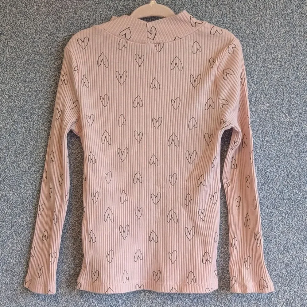 Old Navy Girls Size 5T Pink Heart Rib Knit Mock Neck Long Sleeve Shirt
